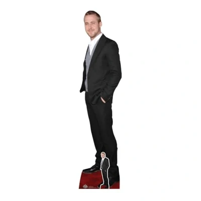 Image of CS786 Ryan Gosling Black Suit Cute Smile Lifesize Cardboard Cut Out Figure with Free Desktop Standee Standup 185cm Tall