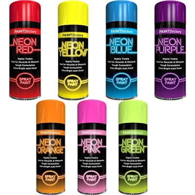 Image of Classic Signature 7 x Fluorescent Bright Neon Spray Paint Multipurpose Aerosol DIY Graffiti (Banksey) N0 CFCs Extra Assorted Colours Blue Green Orange Pink Yellow Red Purple 200ml D3