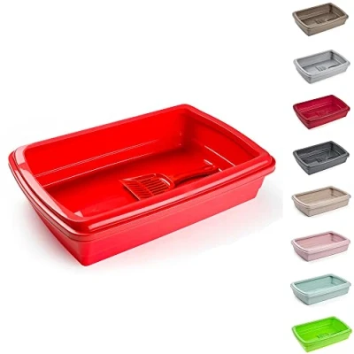 Image of PLASTIFIC Large Cat Litter Tray or Set with Bowls + Scoop Open Plastic Box Toilet Rim Easy Cleaning Tray, Box, Kittens/Cats (Red)