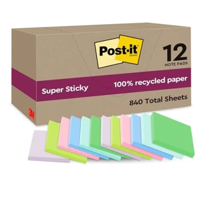 Image of Post it Super Sticky 100% Recycled Notes, Pack of 12 Pads, 70 Sheets per Pad, 47.6 mm x mm, Pink, Green, Blue, Purple, Yellow Extra Notes Made from Paper Assorted