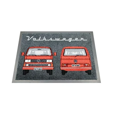 Image of BRISA VW Collection Volkswagen Foot Mat Doormat Rug Shoe Dirt Trapper with T3 Vanagon Bus Motif (Bus Front/Red)
