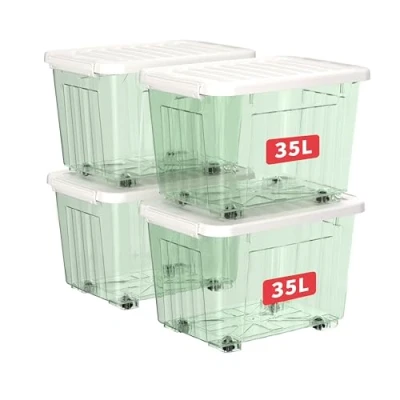 Image of Cetomo 35L*4 Storage Boxes with Wheels, Plastic Box Lid, Latching Buckles, Click Closure, Stackable, Nesting, Durable Organizer for Home Office Clothes, Clear Green, 35L 4 Pack