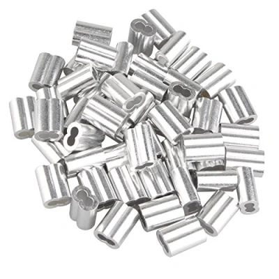 Image of Futheda 50 pcs Aluminum Crimping Loop Sleeve Clips with Double Ferrules/Holes for 3.0mm Cable Wire Rope Silver Tone