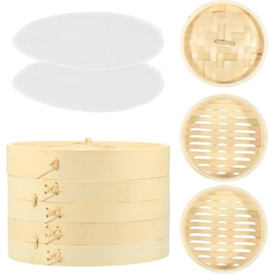 Image of Bamboo Steamer Basket 2 Tier Steaming with Lid &amp; Cloth Reusable Dumpling for Veggie Fish Seafood Cooking(20cm)