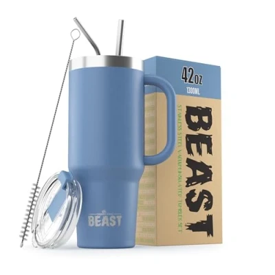 Image of Beast Tumbler 1300 ml (42 oz), Stormy Sky Reusable Stainless Steel, Vacuum Insulated Cup with + 2 Straws &amp; Cleaning Brush Double Wall Travel Flask Perfect for Hot or Iced Coffee BPA Free