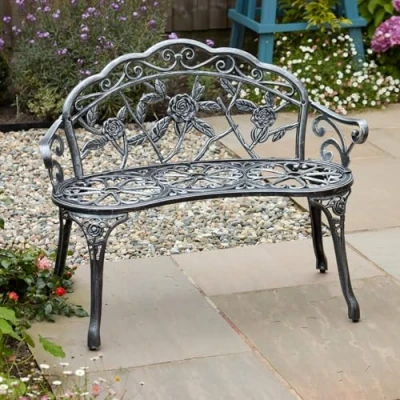 Image of Home Source Cast Iron Garden Bench Metal Frame Patio Chair Outdoor Seating, Grey, 2 Seater