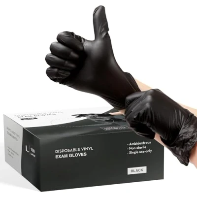 Image of PROMART Disposable Gloves Black Vinyl Latex Free, Powder Extra Strong 4 mil, Multi Purpose, Non Surgical Gloves, Disposable, Medical Exam for Medical, Cooking &amp; Cleaning (100, LARGE)