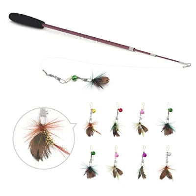 Image of SONGWAY Cat Feather Teaser Wand 10 Pcs Toys Set, 1 Retractable and 9 Insect Refills with Bells, Interactive Toy for Indoor Kitten Exercise Playing