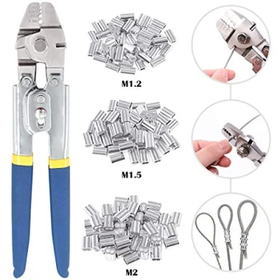 Image of Glarks Up to 2.2mm Wire Rope Crimping Tool with 150Pcs 3 Size Aluminum Double Barrel Ferrule Loop Sleeve Kit