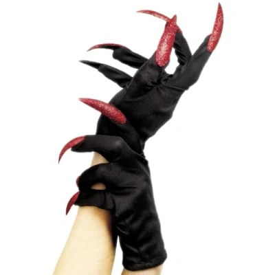 Image of Smiffys Halloween Gloves, Black with Glitter Nails, Fancy Dress Accessory, Accessories Up