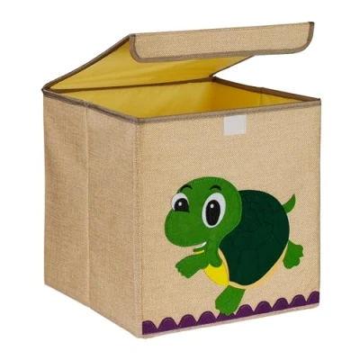 Image of Storage Box for Kids, Turtle Print, Toy Basket, Foldable, HxWxD: 33 x cm, Box, Beige/Green Relaxdays