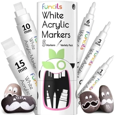 Image of Funcils 5 Acrylic White Paint Pens Fine &amp; Jumbo Size Ink (1mm, 3mm, 6mm, 10mm, 15mm) Permanent Marker for Rock Painting, Fabric, Tire, Metal, Wood, Canvas, Glass, Plastic, Ceramic