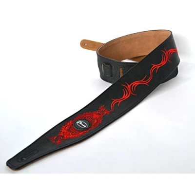 Image of Clearwater GUITAR STRAP ELECTRIC ACOUSTIC OR BASS FAUX BLACK LEATHER WITH ORIENTAL RED EMBROIDERED DESIGN
