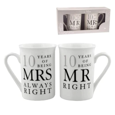 Image of Amore 10th Wedding Anniversary Set of 2 China Mugs &#039;Mr Right &amp; Mrs Always Right&#039; (WG67710)