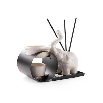 Image of Myga Elephant Oil Burner &amp; Reed Diffuser Ceramic Wax Melt for Essential Oils Fragrance Melts Home Décor Aromatherapy, Meditation, Stress Relief, Relaxation and Mindfulness Gift
