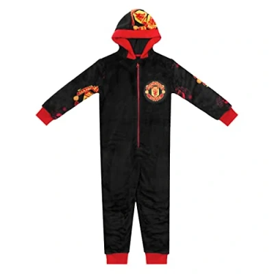 Image of Manchester United FC Official Football Gift Kids Fleece Hooded All in One 12 13 Years Black