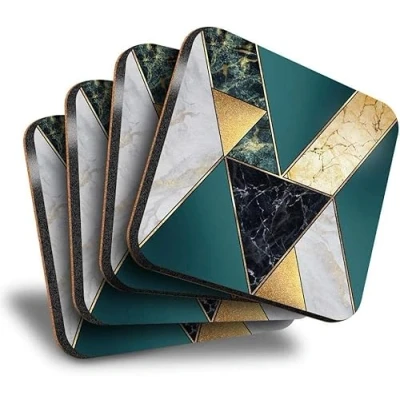 Image of Sawfish® Coasters (Set of 4) Square Abstract Art Deco Marble Effect Drink Glossy Coasters/Tabletop Protection for Any Table
