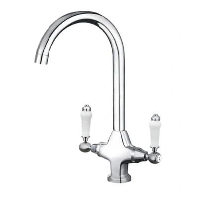 Image of Funime Traditional Kitchen Sink Mixer Tap Elegant Ceramic Dual Lever Monobloc Swivel Spout Chrome Faucet, Classic