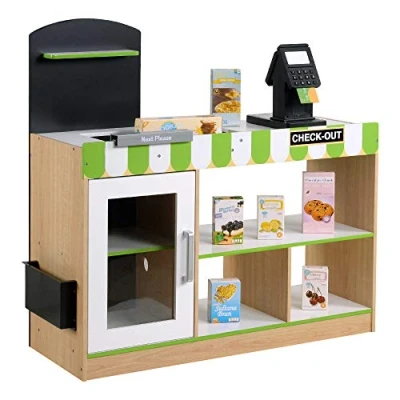 Image of WOOMAX Supermarket Wooden Accessories Shop Counter Light, Sounds, Cash Register Board Children 3 Years Educational Toy (85386)