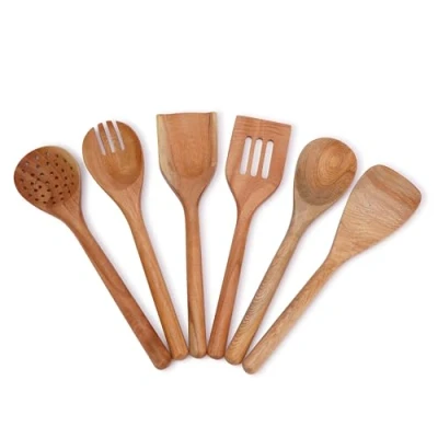 Image of Ajuny Wooden Spoons for Cooking 6 Piece, Non Stick Wood Spatula Spoon Utensils Set, Durable &amp; Serving Tools, Round Handle Everyday Use
