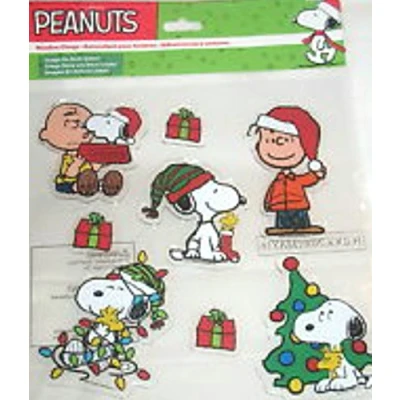 Image of Peanuts Holiday Christmas Window Clings Double Sided Chalrie Brown Snoopy Santa Hats One Package of 8