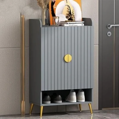 Image of FEFE Modern Shoe Cabinet with 2 Doors, Open Shelf and Adjustable Shelves, Hallway Cupboard for 15 Pairs of Shoes, Entryway Storage Unit (Grey)