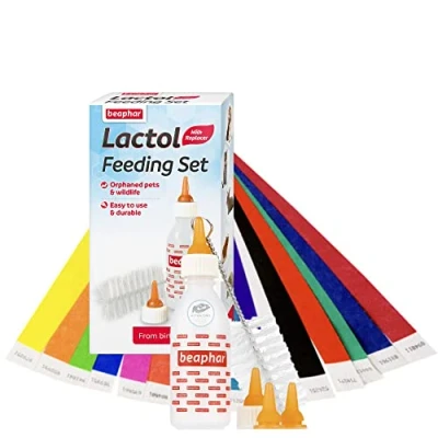 Image of Beaphar Lactol Feeding Set Kitten Small Animal Whelping Puppy Bottle Welping Kit 14 FREE I.D Collars &amp; Guide,