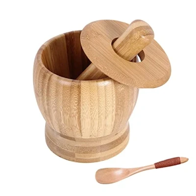 Image of Mortar and Pestle Set with Lid Spoon, 100% Natura Bamboo Spice Grinder, Crush, Press, Mash Spices, Herbs, Garlic, Pepper, Guacamole, Nuts, Fruit, 4.6 inch Bowl for Kitchen