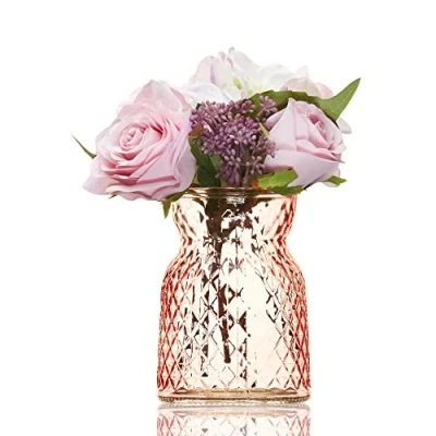 Image of Small Pink Glass Vase for Flowers 16cm Decorative Cut Ribbed Bud Roses Coloured Tulip Unique Sweet Pea Ornament Mum