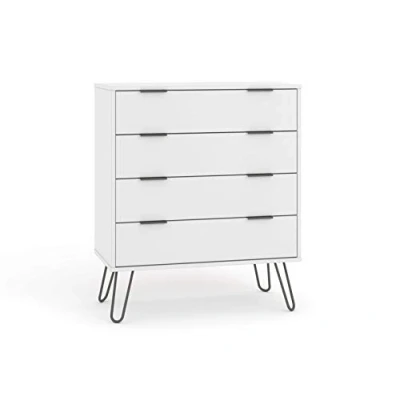 Image of Home Source Chest Cabinet Organiser, Wooden Industrial Bedroom Storage, Hairpin Legs, White, 4 Drawer, Engineered Wood