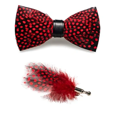 Image of JEMYGINS Red Feather Bow tie Leather and Brooch Sets for Men(3)