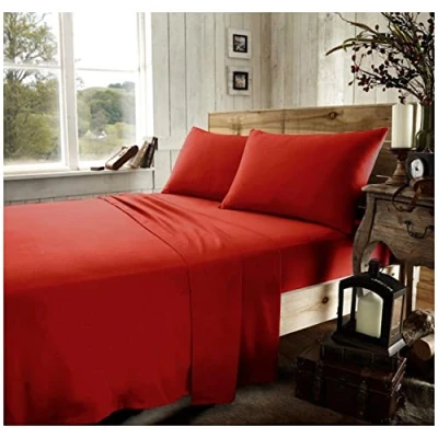 Image of GC GAVENO CAVAILIA Brushed Cotton Bed Sheets, Flannelette Fitted Sheet With Pillowcases, Plain Flat Double, Red