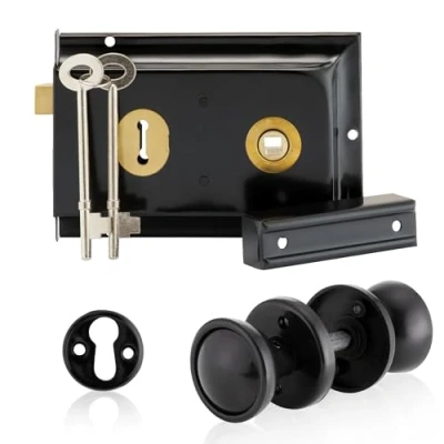 Image of XFORT Rim Knob Set Black, Complete with A Lock, Plastic Door and Escutcheons, Designed for Wooden Barn, Gate Shed Doors.