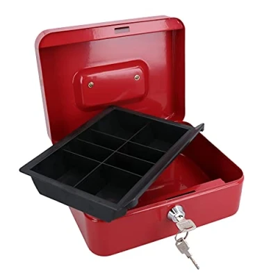 Image of 8 Petty Cash Box Money Coin Tin Deposit Security Safe Organiser 2 Keys Red