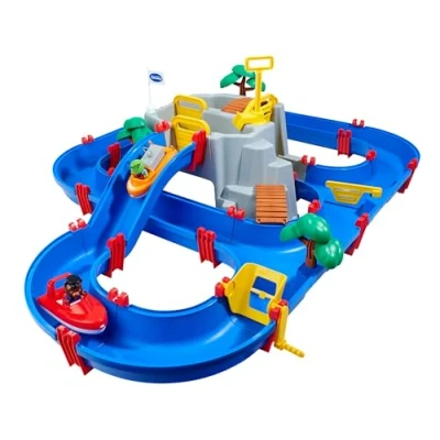 Image of AquaPlay Mountain lake water ride set 42 piece play playset with waterfall and secret cave, fun incl. 3 animal figures 2 boats, for children aged years over