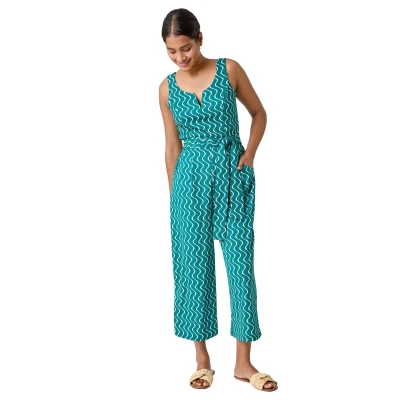 Image of Roman Originals Belted Wave Print Cropped Jumpsuit for Women UK Ladies Everyday Holiday Spring Summer Round Notch Neckline Comfy Soft Evening Vacation Work Party Forest Size 20