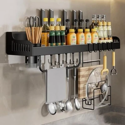 Image of Hovoto Spice Rack Wall Mounted, Kitchen Utensil Storage Organizer Shelf, seasoning rack, Hanging Racks With knife slot, 6 hooks, mugs, Towel sacrifice holder, black, 50cm