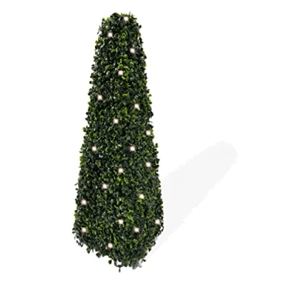 Image of Best Artificial 2ft (60cm) Pre Lit Pyramid Obelisk Boxwood Topiary Tree UV Protected