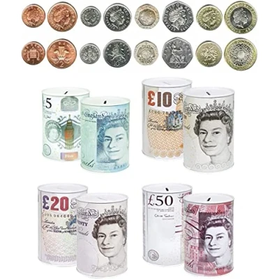 Image of 2 x Money Tin (Small 10.2 to 15cm) Pound Notes Design Saving Printed Bank Note 5,10,20,50 Pounds Assorted