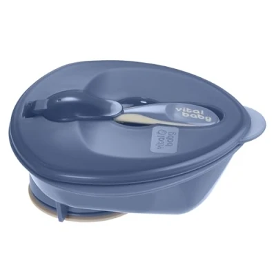 Image of Vital Baby Nourish Power Suction Weaning Bowl with Lid and Spoon 6m+, Deep Purple, Strong Suction, Easy Scoop Sides, Leakproof &amp; Spoon, EarthSmart Biodegradable, BPA Free