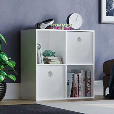 Image of Vida Designs Durham Cube Bookcase Storage Organiser Living Room Bookshelf Home Office Furniture (4 &amp; 2 White Baskets, White)