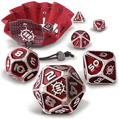 Image of ENHANCE DnD Metal Dice Set 7pc Polyhedral with 2 in 1 Vegan Leather Bag and Tray, Solid D&amp;D for Dungeons Dragons, Pathfinder, more RPGs (Collector&#039;s Edition Red)