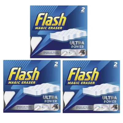 Image of 6 x Flash Magic Eraser Ultra Power No Chemicals Needed Removes Scuffs, Crayon, Grease and Grimes (Pack of 3)