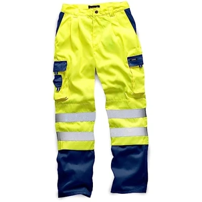 Image of DURUS WORKWEAR Mens Hi Vis Viz Plain &amp; 2 Tone Polycotton Safety Work Trousers EN471 Class 1 Yellow/Navy