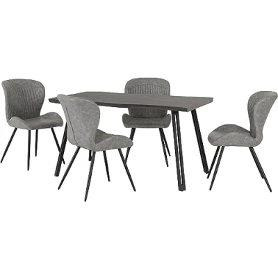 Image of Seconique Quebec Wave Edge Dining Set with 4 Chairs in Black Wood Grain/Grey Pu