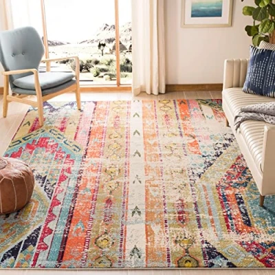 Image of Safavieh Monaco Collection 6&#039;7&quot; Round Multi MNC222F Boho Chic Tribal Distressed Non Shedding Dining Room Entryway Foyer Living Bedroom Area Rug