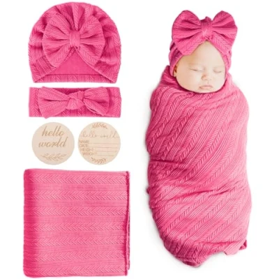 Image of DRESHOW Newborn Baby Blanket Soft Swaddle Blankets for Infant Swaddling Receiving Warm Wraps with Bow Hat Headband