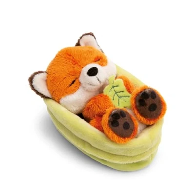 Image of NICI soft toy fox with leaf 12cm sleeping in basket orange Fluffy plush, cute to cuddle and play with, for children &amp; adults, great gift die 61581