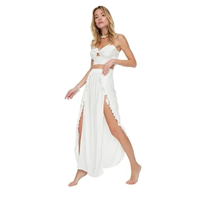 Image of Trendyol Woman Beachwear Maxi Wrapover Regular fit Woven Skirt Ecru