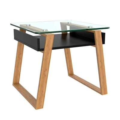 Image of bonVIVO &quot;Bonvivo Pablo, Modern Side Table for Living Room, Designer with Glass Plate and Wood Frame, Black Storage Dots Angle&quot;